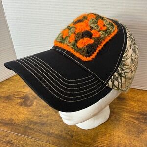 Handmade Crochet Granny Square Patch Camo Orange Hat Cap Unique One of a Kind